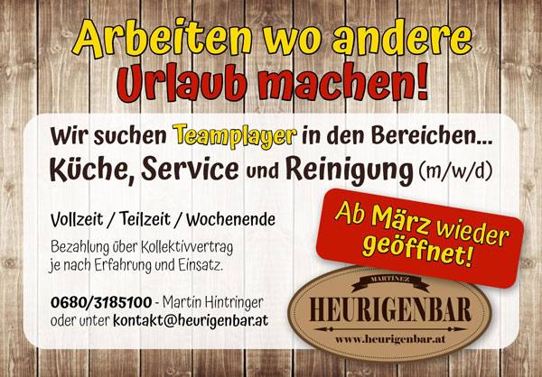 Stellenanzeige: Arbeiten wo andere Urlaub machen – die Heurigenbar sucht Teamplayer für Küche, Service und Reinigung